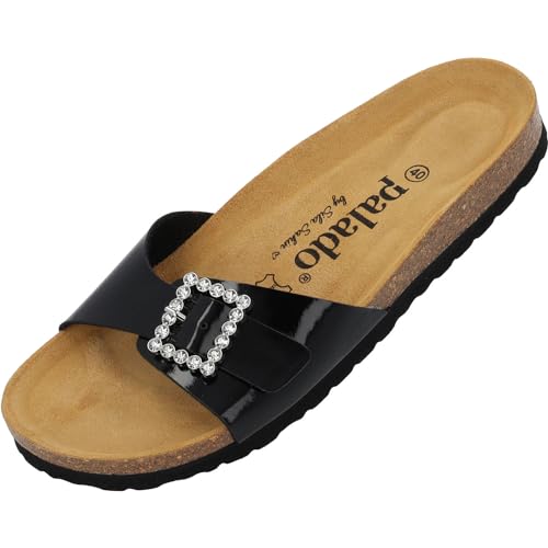 Palado Pantoletten Damen Malta SQ by Sila Sahin - elegante Sandalen Made in Spain - Hausschuhe mit Kork-Fußbett - modische Sommerschuhe Schwarz Lack UK6 - EU39