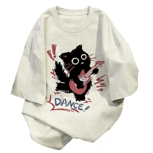 Harajuku Oversized Shirts Goth Punk Cat Print Tees Summer Streetwear Casual Baggy Tshirts Y2k Tee Tops (Grey,Medium)