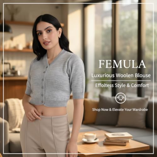 Image of Women Winter Wear V-Neck Half Sleeves Regular Fit Woollen Blouse