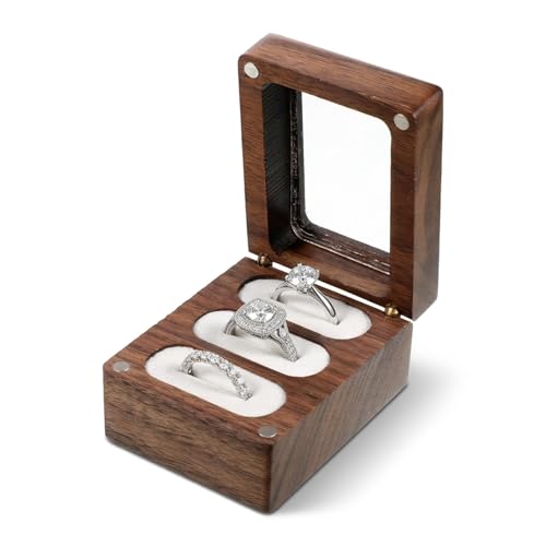 Ajcotahm Wedding Ring Box 3 Slot Wooden Ring Box with Clasps Solid Wood Rectangle Ring Bearer Holder Case for Proposal Wedding Engagement Ceremony Anniversary Birthday
