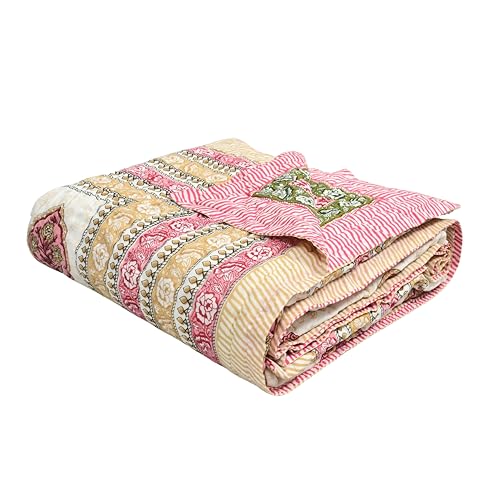 Image of BLOCKS OF INDIA Hand Block Printed Cotton King Size Quilt /Rajai | Pink Peach Rose