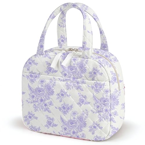 WOBAGMEN Quilted Lunch Box for Women,Coquette Aesthetic Lunch Box for Teen Girls,Cute Floral Lunch Bags for Work, School,Office,Picnic,Travel (Elegant Purple Floral)