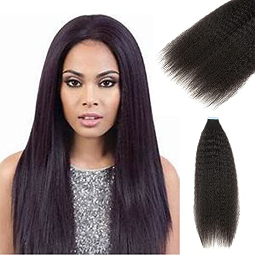MRS HAIR Tape Extensions Adhesive Cheveux Kinky Straight Extension Adhésive Extension A Froid Cheveux Humains Naturel 20 Pouces Invisible Vierges Extension Cheveux Adhesif Noir Naturel 20pcs Cover