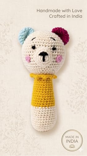 Image of Handmade Crochet Baby Rattle Toy - Soft Amigurumi Bear Teether Rattle for Newborns, Infant Sensory Toy, Baby Shower Gift (Multicolor)