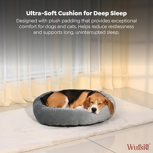 Image of Velvet Dog Bed in Round Shape | Medium 70 Cm | Premium Velvet Pet Bed for Cats and Puppies | Soft & Cozy Sleeping Bed for Dog with Removable Insert | Black & Grey