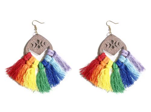 Colorful Rainbow Wooden Tassel Dangle Earrings Lgbtq Accessories Bohemian Hand-Knit Earrings Handmade Exaggeration Weaving Ethnic Drop Earrings For Women Girls Vintage Jewelry Pride Month Gifts-Rainbow #TOP10