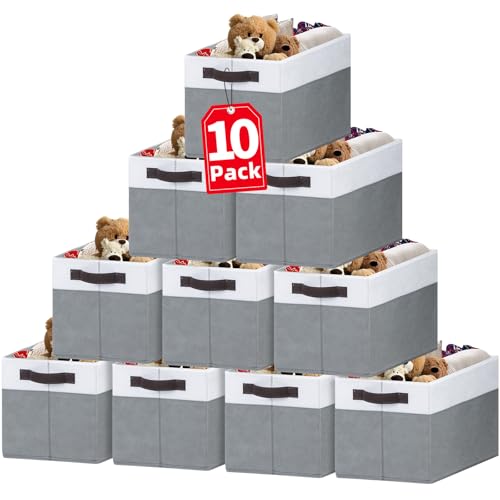 Image of Criusia 10 Pack Large Multi-Purpose Storage Baskets | Fabric Closet Organizers with Handles for Home Organization | Grey Collapsible Baskets (14"x10"x9.5")