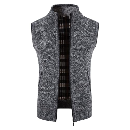 Men’s Sweater Vest Casual Sleeveless Stand Collar Full Zip Slim Thick Knitted Cardigan Sweaters Jacket with Pockets Dark Gray Large