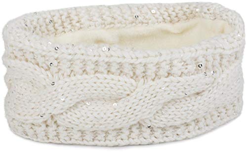 Preisvergleich Produktbild styleBREAKER Damen Stirnband Grobstrick mit Zopfmuster und Pailletten, warmes Fleece Innenfutter, Haarband, Headband 04026002, Farbe:Creme-Weiß