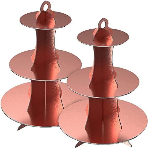 2 Pack Rose Gold Cardboard Cupcake Stand 3- Tier Dessert Stand Round Cupcake Holder Tower for Birthdays, Party, Baby Showers