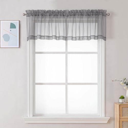 Image of Chyhomenyc Charcoal Grey Sheer Valances for Windows - Light Filtering Small Kitchen Curtains, Rod Pocket Short Top Window Treatment Decor for Living Room Bathroom Basement, 42Wx16L inches, 2 Panels