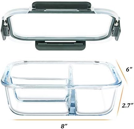 [6-Pack] Glass Meal Prep Containers 3 Compartment with Lids, Glass Lunch Containers,Food Storage Lunch Box,Bento Box, Microwave, Oven, Freezer, Dishwasher (36 oz)