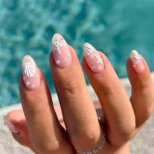 Almond Shaped Press on Nails Short Medium Nude Pink Cute Y2K Acrylic Fake Press Ons Nails with 3D Seashell Starfish Design Glue on Full Cover Artificial False Stick on Nail for Women Daily Wear 24PCS