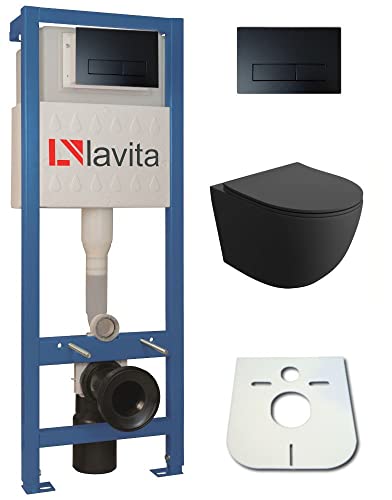 Domino Lavita Élément avant avec plaque de poussée + mur WC SINTO BLACK sans bord de rinçage + abaissement automatique de WC avec système d'abaissement automatique (plaque de frein RB)