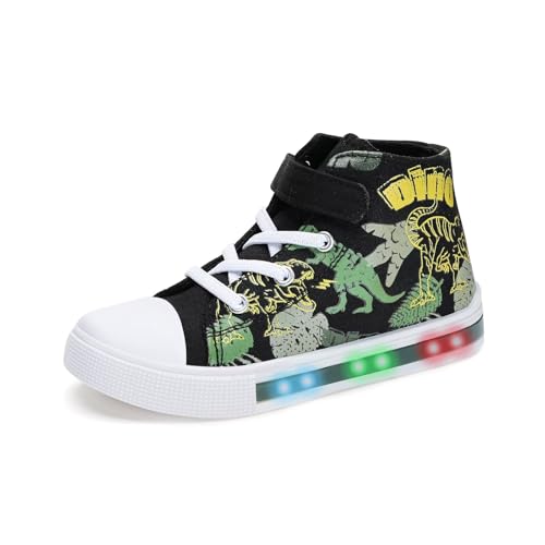 FUNCOO PLUS Boys Light Up Shoes Toddler Canvas Sneakers Kids High Top Fashion Shoe, Dinosaur, Little Kid Size 13