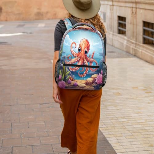 Sac à dos imperméable pour écolier avec motif pieuvre rouge