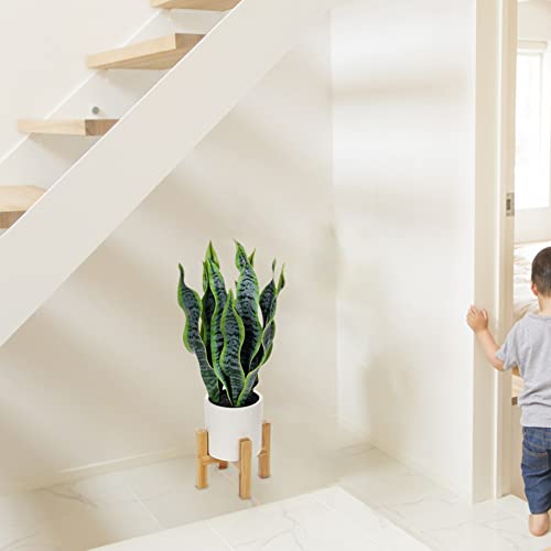 Hollyone Artificial Snake Plant Potted With Solid Wood Plant Stand, 19" Faux Sansevieria Tropical White Ceramic Pots Fake Plants For Home Office Indoor Decor Housewarming Gift #TOP3