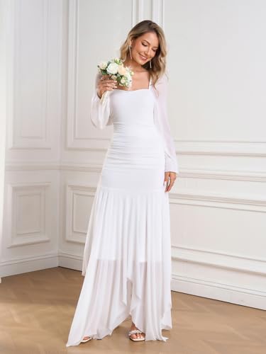 Women's Formal Long Sleeve Maxi Dress Asymmetrical Hem Square Neck Mesh Wedding Guest Cocktail Dresses4