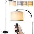 LALISU Arc Floor Lamps for Living Room, Modern Standing Lamp with Remote Dimmable Floor Lamp with Linen Shade, Tall Lamp for Bedroom Office Dining Room (Black)
