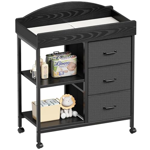 YeTom Changing Table, Baby Dresser with 3 Drawers and 2 Shelves, Multi-Functional Baby Changing Table with Pad, Classic Nursery Dresser, Diaper Changing Station, Black by YeTom - Used condition - CA$119.03