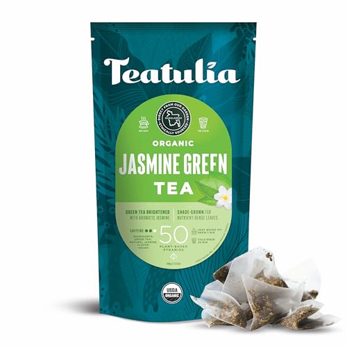 Teatulia Organic Jasmine Green Tea Bags (50 Pyramid Teabags) Whole Flower | 100% Compostable | Sustainably Grown In Bangladesh