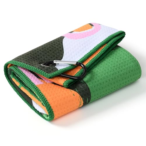 Mile High Life Golf Towel 16"x24", Microfiber Waffle Weave with Heavy Duty Clip, Fun Prints Gym Towels for Men & Women, Golf Accessories for Cleaning Clubs and Balls (Green Printed Towel)