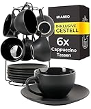 MIAMIO - 6 x 175 ml Tasse Cappuccino Tassen mit Unterteller & Ständer/Cappuccinotassen Set - Le Papillon Kollektion (Schwarz)