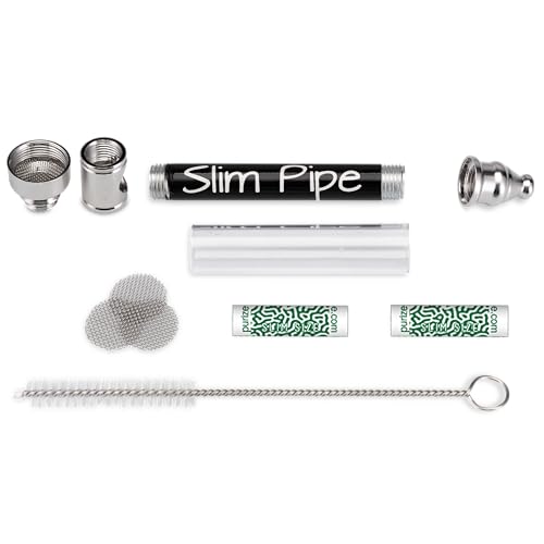 Slim Pipe 2.0 Pfeifen Set - Rauchpfeife Tabakpfeife mit Aktivkohle Fach - inkl. 2 x 7mm Aktivkohlefilter, Bürste und Metall Einlege Siebe - 7 cm Pur Pfeife aus Metall für Tabakwaren