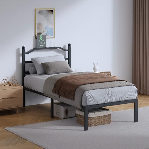 SHOANED Metal Bed Frame with Headboard - 14 Inch Twin XL Size Heavy Duty Bedframe with Charging Station Black Basic Steel Slats Platform No Box Spring Needed/Noise Free