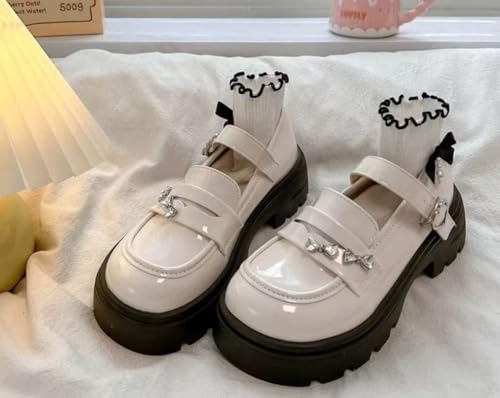 ZQW Chunky Platform Mary Jane Shoes Bow Patent Leather Flats Y2K Round Toe Mid Block Heel for Women Girls Casual Outfit2