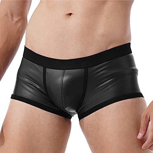 Alvivi Mens Wet Look Faux Leather Boxer Shorts Hot Pants Low Rise Bulge Pouch Hipster Trunks Black X-Large #TOP1