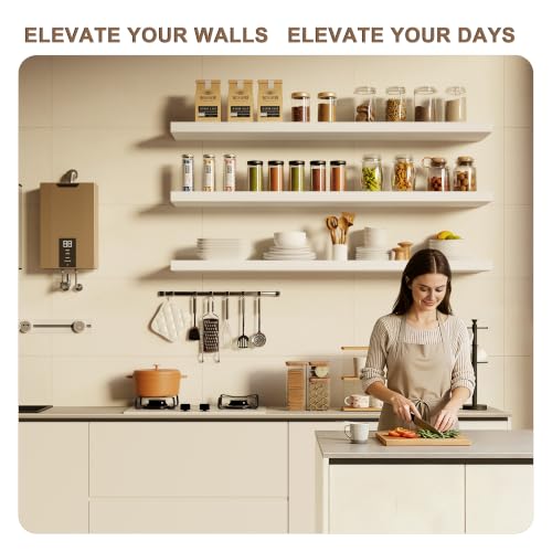 Image of 48-Inch Floating Shelves, Set of 3 Wall Mounted Storage Ledges, 12-Inch Deep Extra-Thick Solid Paulownia Wood Shelving for Kitchen, Living Room, Bedroom & Bathroom, White