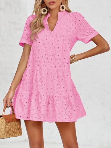 Image of Imily Bela Womens Summer Lace Dresses Eyelet Casual Flowy Babydoll Swing Short Sleeve V Neck Tunic Dress