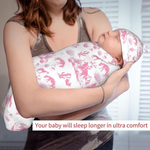 Image of Western Cowboy Cactus Pink Baby Stuff Swaddle Blanket Wrap Baby Newborn Blanket Soft Stretchy with Headband Hat Set Gift for Infant Boy Girl