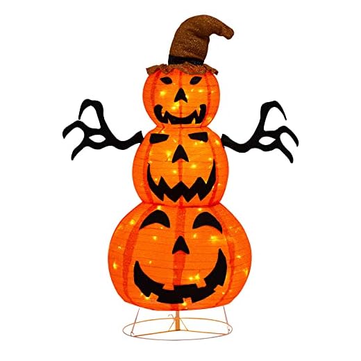 4FT Halloween Decorations Outdoor, Fabric Halloween Stacked Pumpkin Yard Decorations with Witches Hat Build in LED Lights for Lawn and Garden