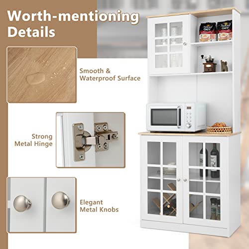 Loko 72" Kitchen Hutch Storage Cabinet, Freestanding Pantry Buffet Cabinet With Glass Doors, Open & Closed Storage, 3-Position Adjustable Shelves, Tall Cupboard Storage Cabinet (White) #TOP7
