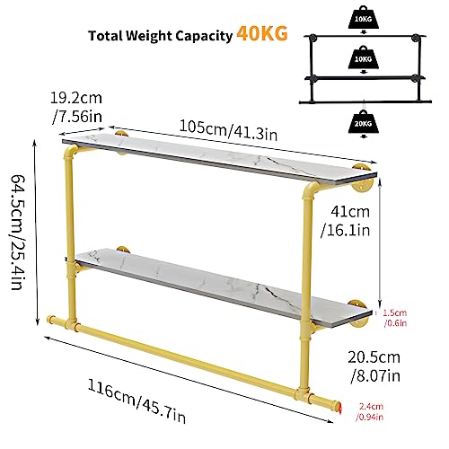 unho Kleiderstange zur Wandmontage, Wandgarderobe mit 2 Ablage im Industrierohrstil, Wandgarderoben für Schlafzimmer Wohnzimmer, Gold