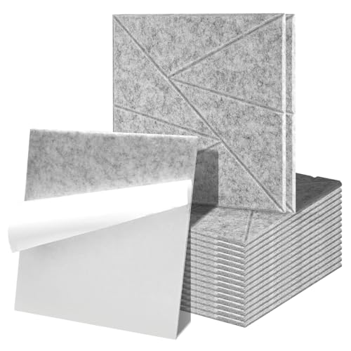 Fiqops 24 paneles acústicos cuadrados autoadhesivos, color gris plateado, placas acústicas de alta densidad, delgadas placas de aislamiento acústico para decoración de paredes y aislamiento acústico,