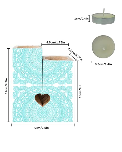 Boho Aqua Mandala Candle Holders Set, Wooden Tealight Candle Holder Gifts For Women, Vintage Floral Pattern Candlesticks Holder Decor For Wedding Dinning Party #TOP2