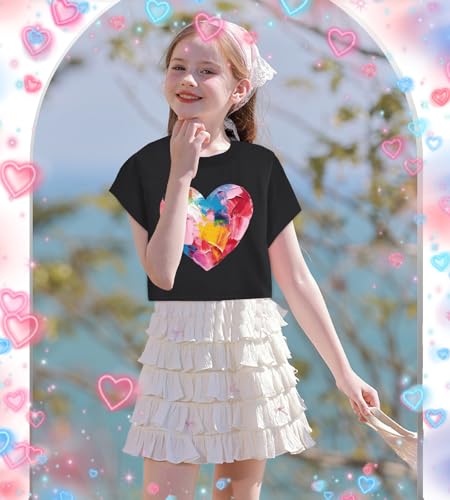 Image of Tkria Girl Crop Tops Valentine Short Sleeve Tshirt Tie Dye Heart Teen Girls Shirt Clothes 6-14 Years