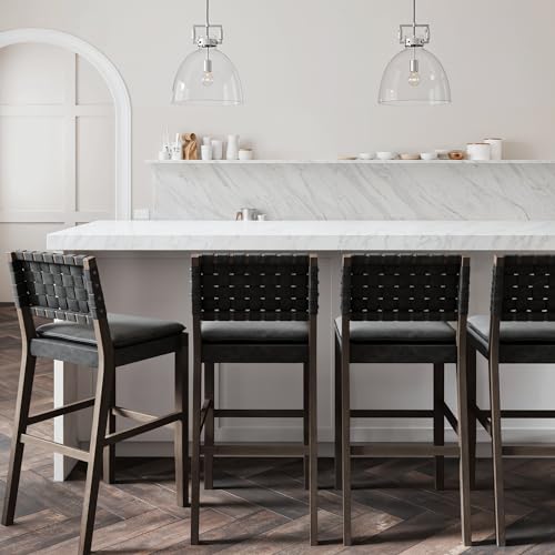 Image of Nathan James Cohen Mid-Century Modern 29 in. Wood Bar Stool, Upholstered Faux Suede Bar Height Stool with Solid Wood Frame, Black, Set of 4