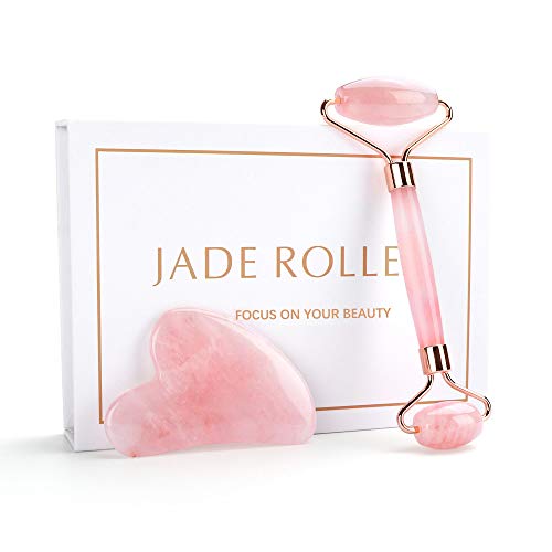 Pink Rose Quartz Jade Gem Stone Marble Ice Face Roller & Gua Sha Set, Face and Eye Puffiness Wrinkle