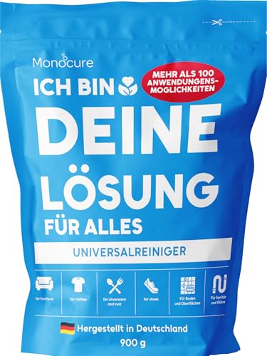 Monocure Fleckenentferner Kleidung Ich Bin Deine Lösung für Alles, Oxi Action Pulver entfernt Geruch, hartnäckige Flecken | Waschkraftverstärker und Weißauffrischung | Ohne Chlor, Duftstoffe, 900g