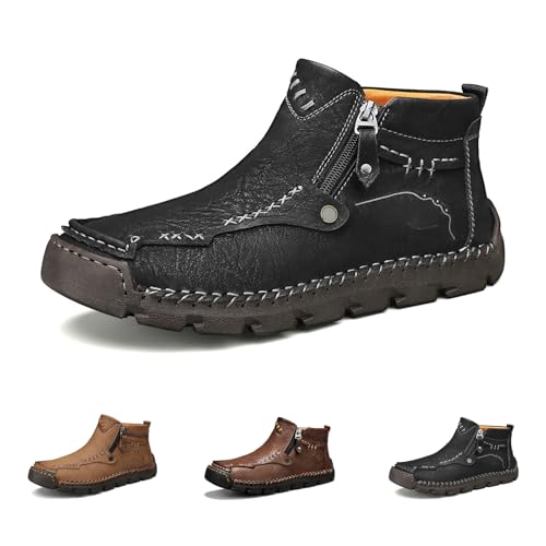 Stepthetop Motorcycle Boots, Men'S Casual Leather Shoes, Hand Stitched Mid-Top Loafers, Anti-Slip, for Work, Driving