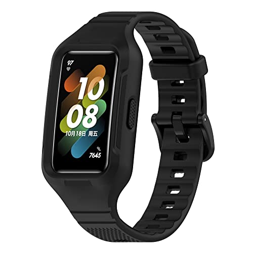 Yikamosi Compatible avec Honor Band 7/Band 6 Bracelets avec coque pare-chocs,bracelet de sport en Silicone pour Honor Band 7/Band 6,étui de protection militaire résistant aux chocs,Noir