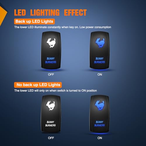Image of Nilight Bunny Burners Rocker Switch Led Light Bar 5 Pin Laser On Off | SPST Switches 20A /12V 10A /24V Blue with Jumper Wires Set for Cars Trucks Boats ATVs UTVs RVs