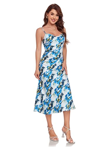 Image of Women's Spaghetti Strap Midi Satin Silk Dresses Slip Cowl Neck Party Cocktail Evening Sexy Dress