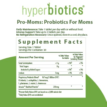 Hyperbiotics Pro Moms | Probiotics For Women, Pregnancy | Prenatal, Nursing, Postnatal | Folate, Immune, & Digestive Support | Time Released Tablets | 1 Per Day | Vegan | No Dairy And Gluten Free | 30 Count #TOP2