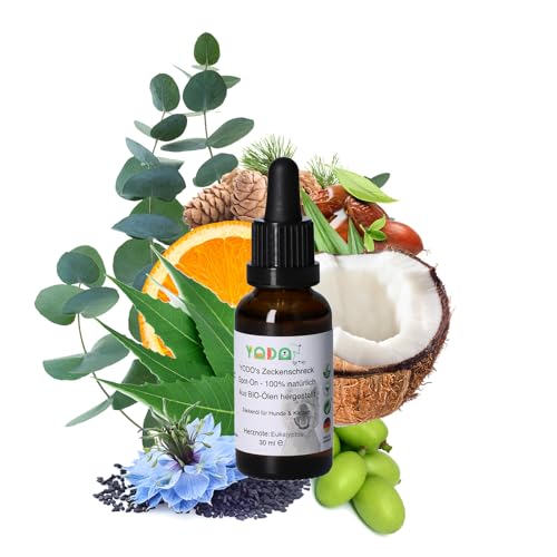 YODO’s Zeckenschreck, 100% natürlicher Zeckenschutz, Zeckenöl für Hunde zur Zeckenabwehr aus 7 hochwertigen BIO-Ölen hergestellt, 30ml Eukalyptus
