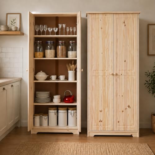 From the Tree Furniture Solid Pine Pantry Cabinet 72 Tall Unfinished Kitchen Storage Adjustable Shelves Free-Standing Organizer for Pantry Laundry or Garage